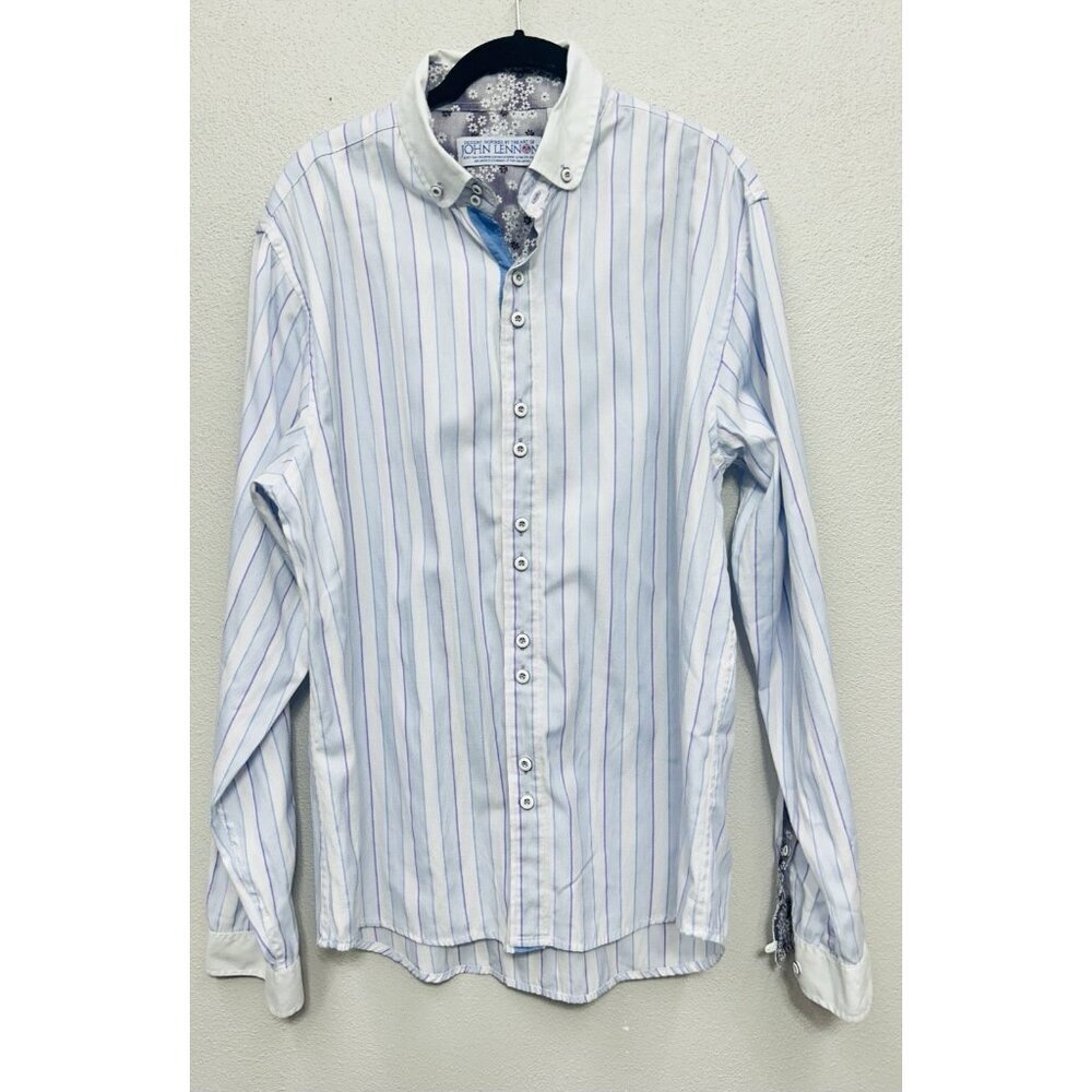 John Lennon Button Down Shirt Mens Large Blue Stripe Long Sleeve Floral Cuffs